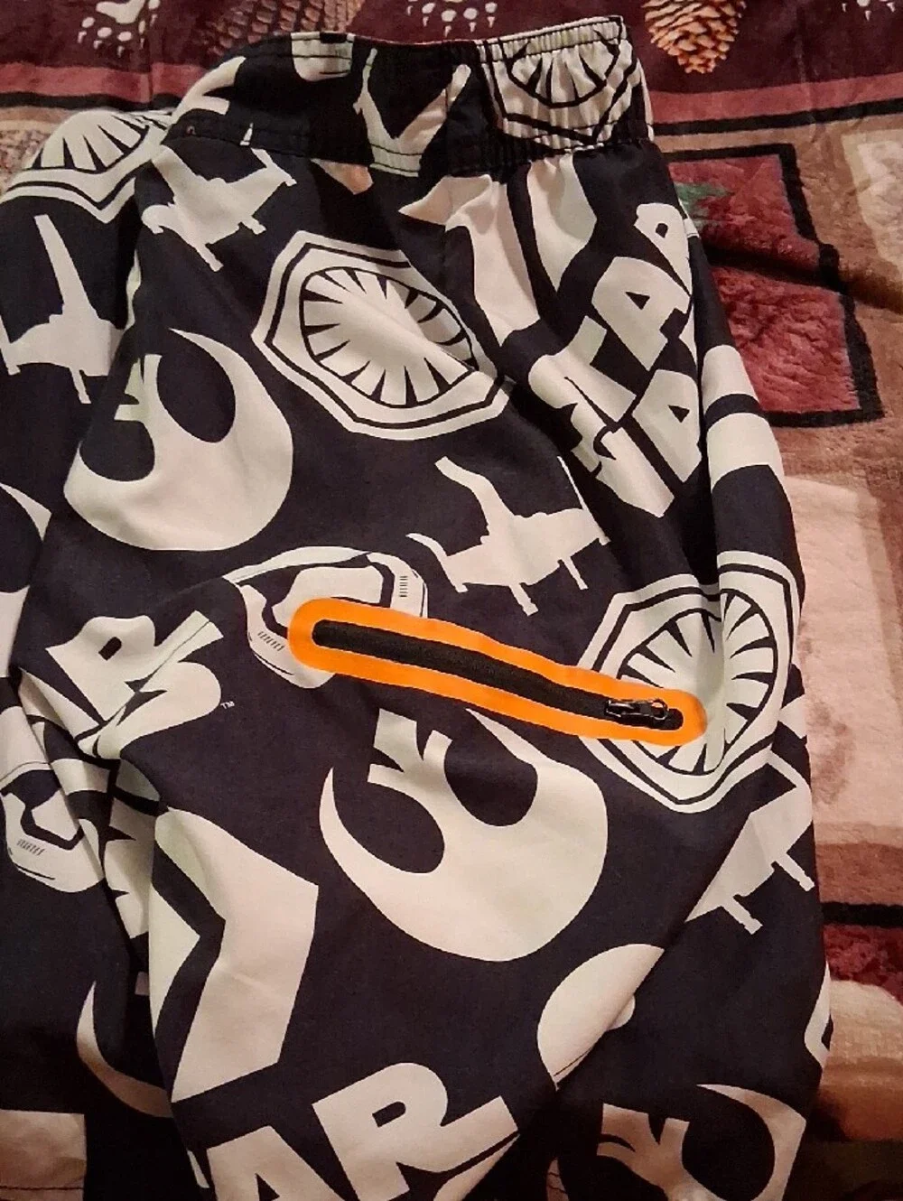 Star Wars Men’s Black and White Graphic Swim Board Shorts with Orange Drawstring